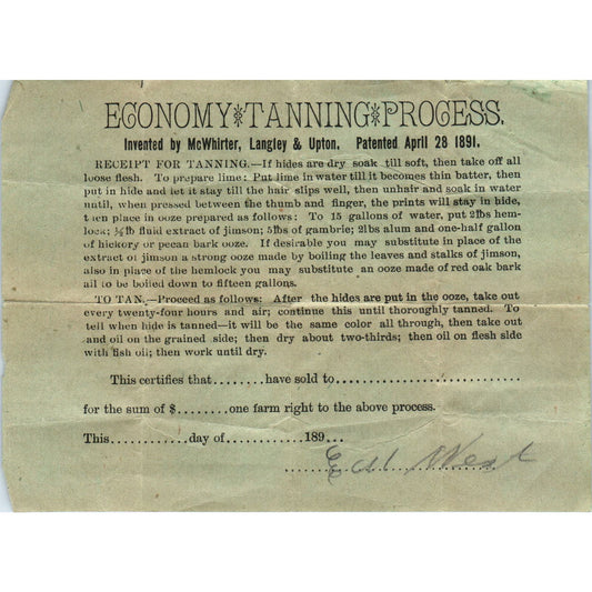 1891 Economy Leather Tanning Process Farm Permit McWhirter, Langley & Upton AE6