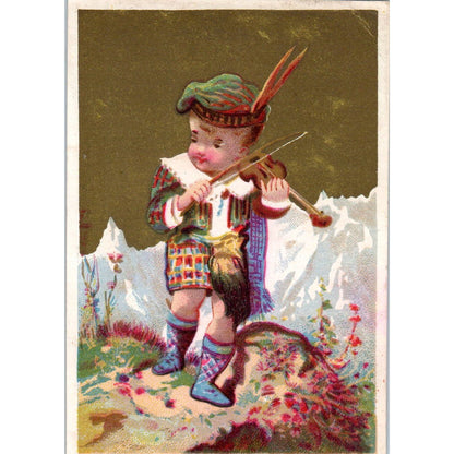 Scottish Boy Playing Fiddle Gilt c1880 Victorian Trade Card AE7