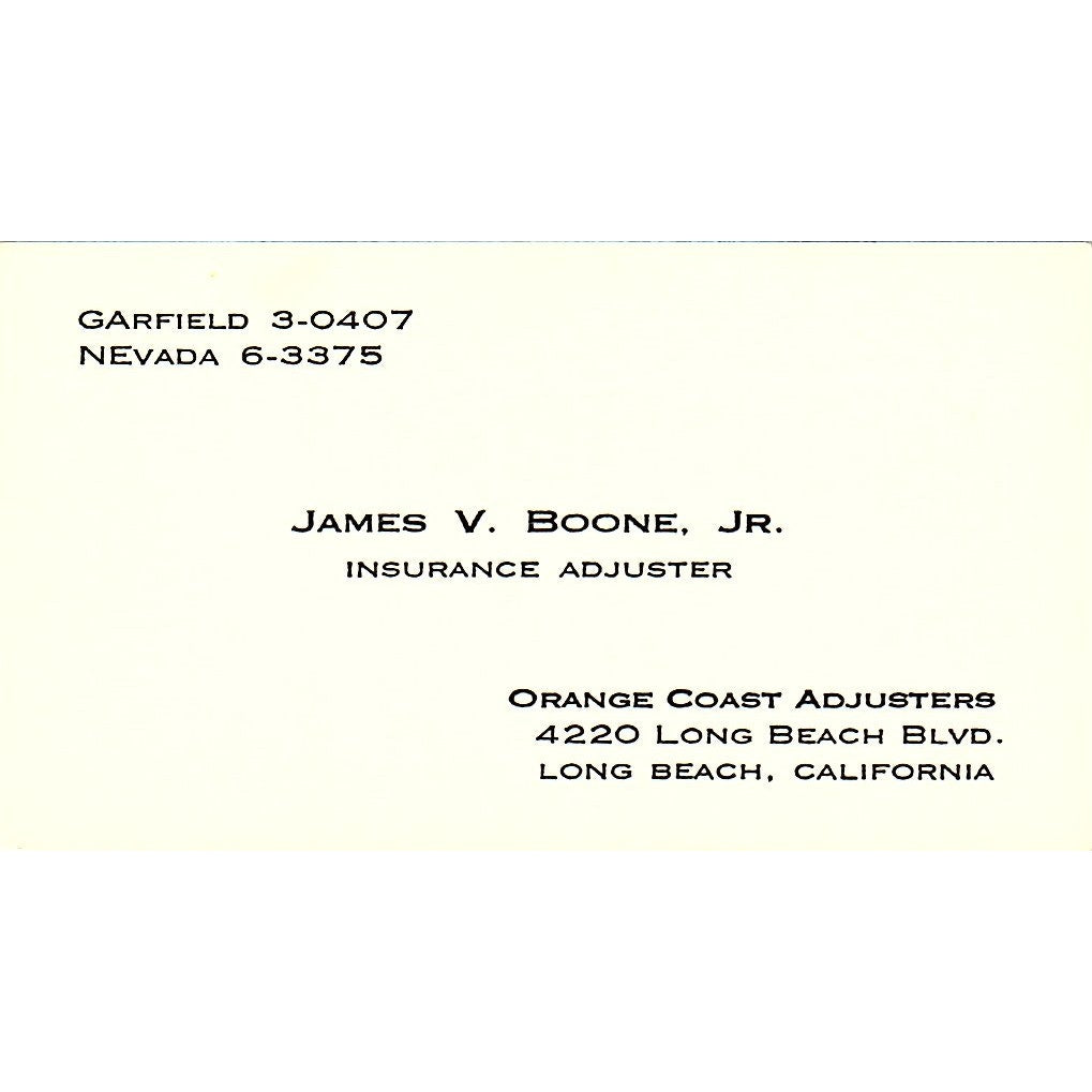 James V Boone Jr Orange Coast Adjusters Long Beach Vintage Business Card SD9-B11
