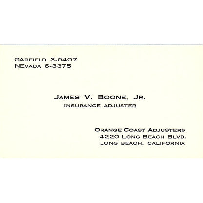 James V Boone Jr Orange Coast Adjusters Long Beach Vintage Business Card SD9-B11