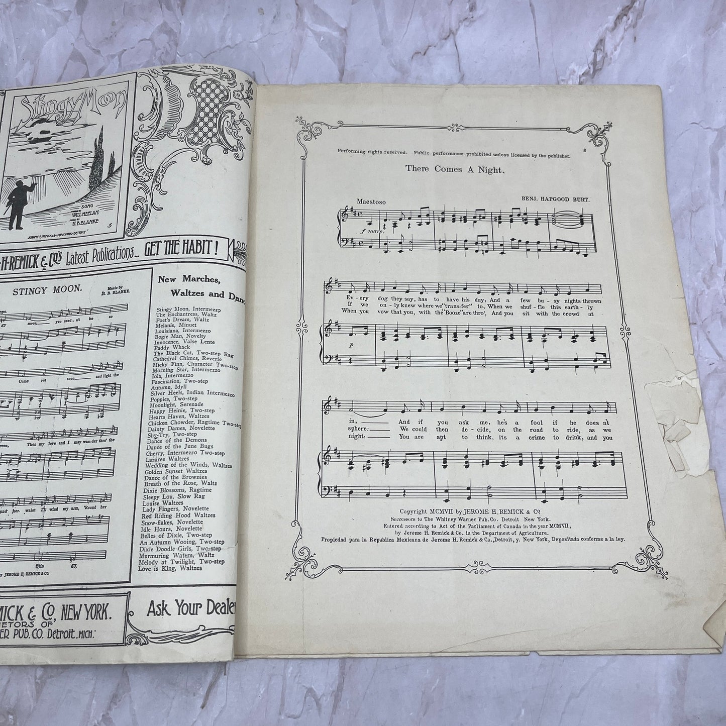 1907 There Comes a Night Benjamin Hapgood Burt Antique Sheet Music Ti5