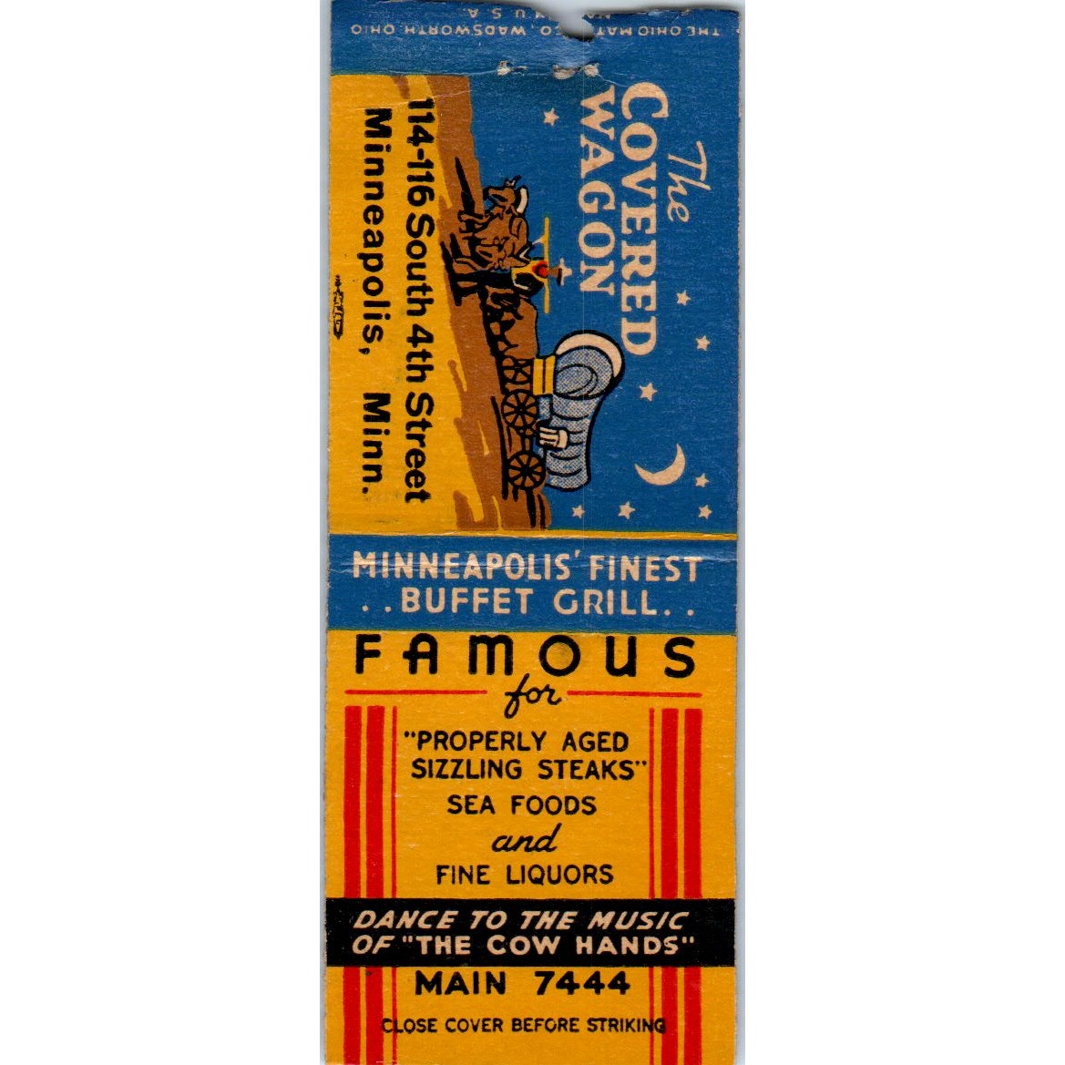 The Covered Wagon Restaurant Minneapolis MN Vintage Matchbook Cover SF4-Y2