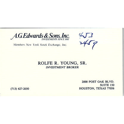 A.G. Edwards & Sons Rolfe R. Young SR Houston Texas Vintage Business Card SF3-B4