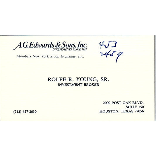A.G. Edwards & Sons Rolfe R. Young SR Houston Texas Vintage Business Card SF3-B4