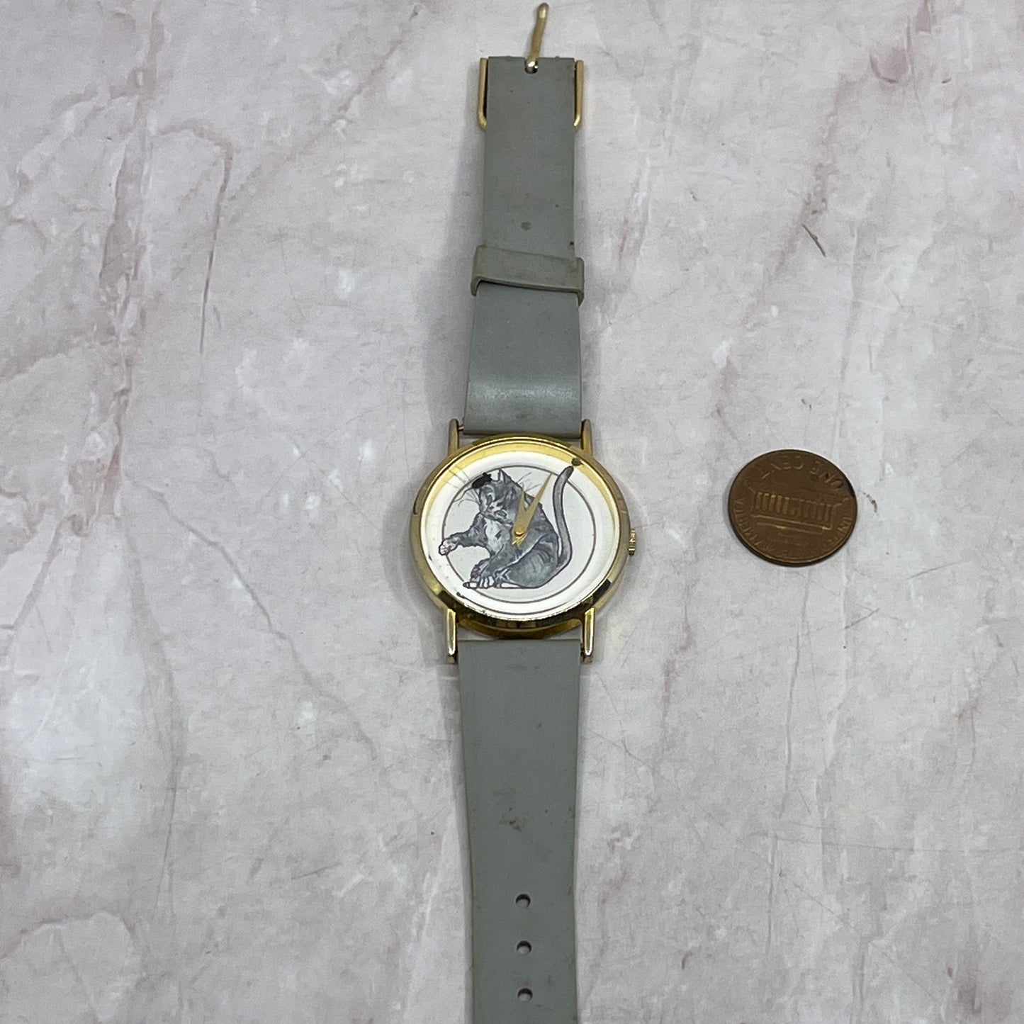 Vtg Cat Watch Rotating Mouse Meow Brand Gold-Tone Face Gray Band UNTESTED SF4