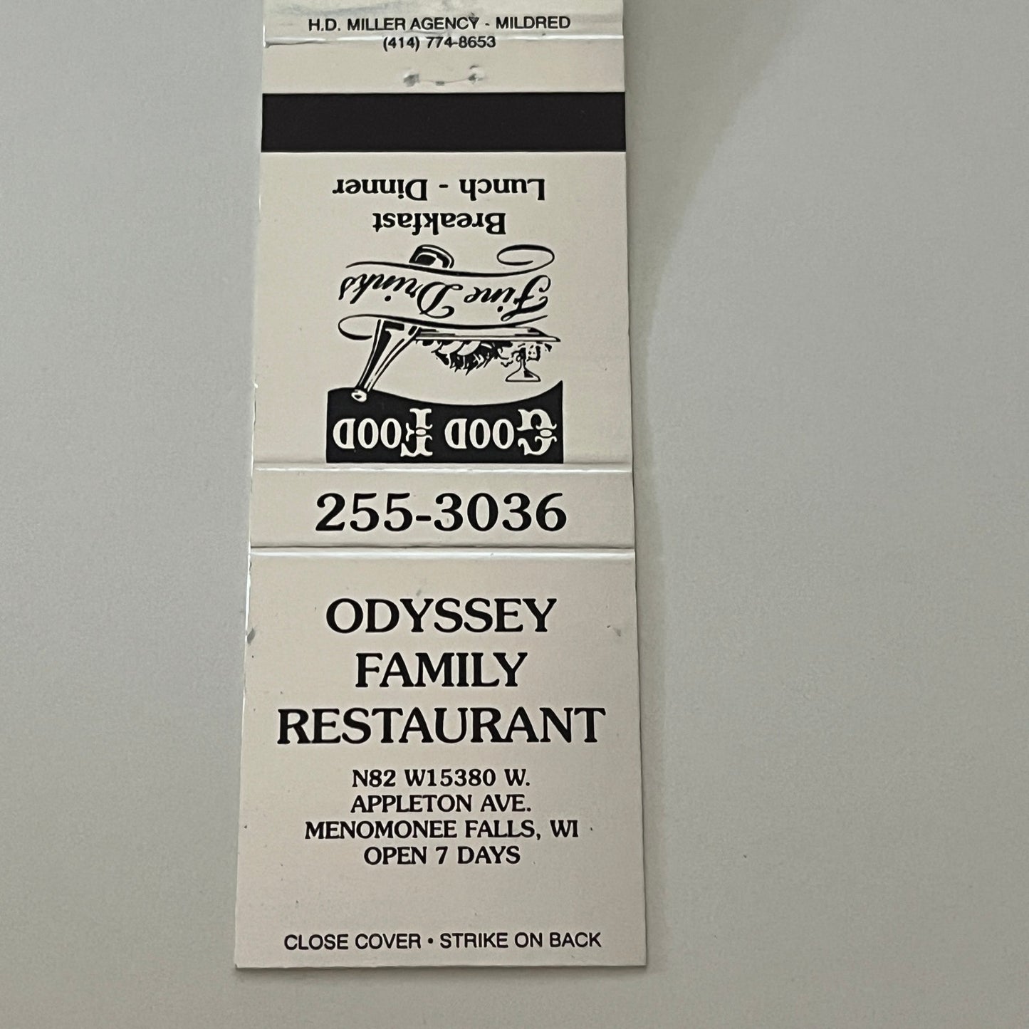 Odyssey Family Restaurant Menomonee Falls WI Matchbook Cover TB6-MB2-4