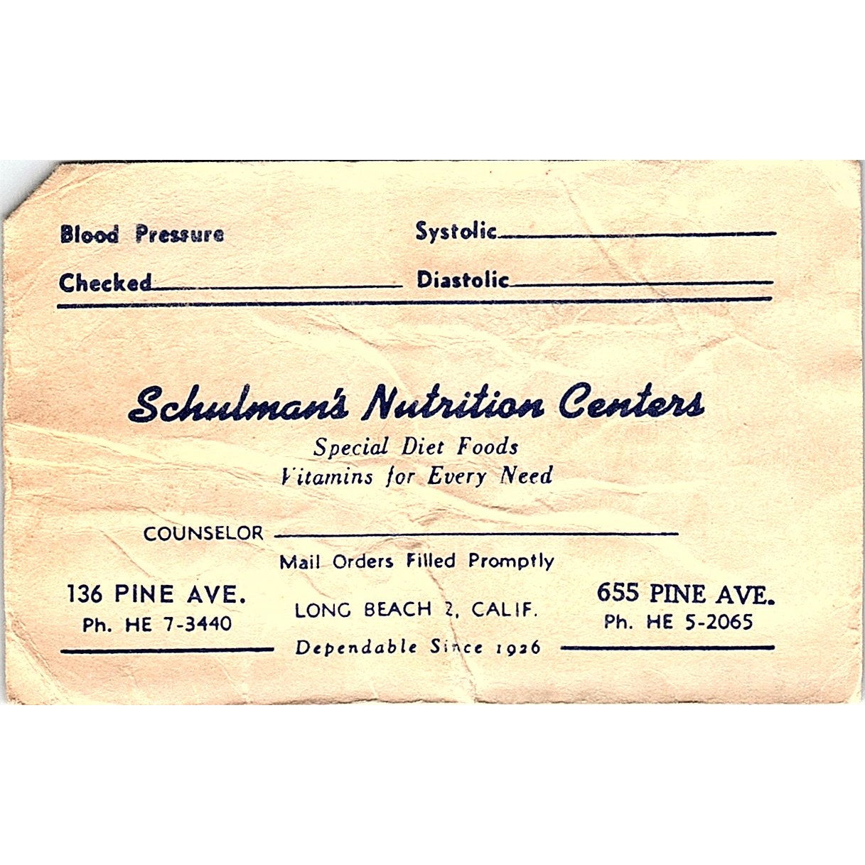 Schulman's Nutrition Center Long Beach CA Vintage Business Card TH2-B2