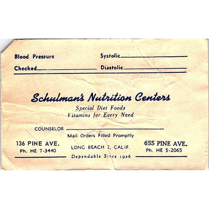 Schulman's Nutrition Center Long Beach CA Vintage Business Card ML1-6