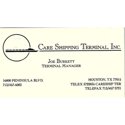 Joe Burkett Care Shipping Terminal Inc Houston Vintage Business Card SD9-B13