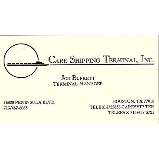 Joe Burkett Care Shipping Terminal Inc Houston Vintage Business Card SD9-B13