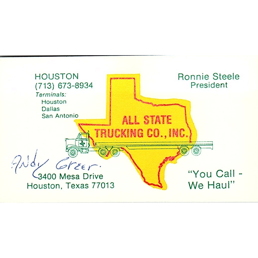 All State Trucking Co. Ronnie Steele Houston Texas Vintage Business Card SB4-B5