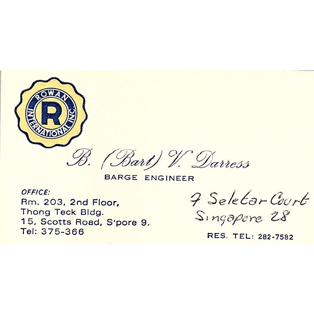 B. Bart V Darress Barge Engineer Singapore Vintage Business Card SD9-B8