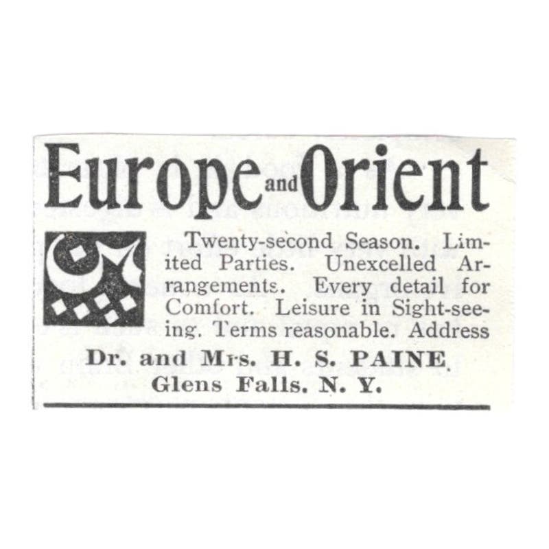 Europe & Orient Travel H.S. Paine Glens Falls NY c1918 Advertisement AE5-SV6