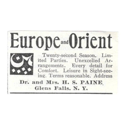 Europe & Orient Travel H.S. Paine Glens Falls NY c1918 Advertisement AE5-SV6