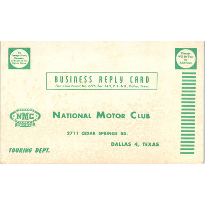 National Touring Club Dallas TX Vintage Travel Information Postal Reply Card AE8
