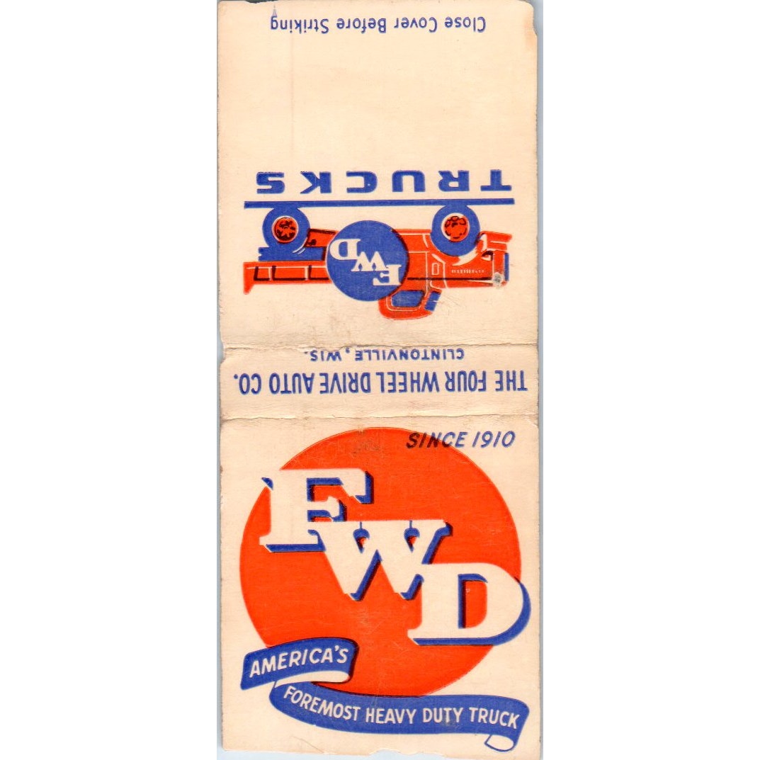 FWD Trucks The Four Wheel Drive Auto Co Clintonville WI Vintage Matchbook SD4-Y4
