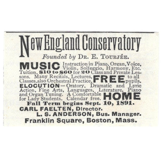 New England Conservatory L.S. Anderson Carl Faelten c1890 Victorian Ad AE9-CH2