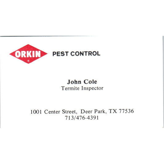 John Cole Termite Inspector Orkin Deer Park TX Vintage Business Card SD8-B21