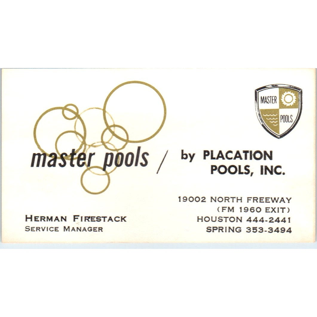 Herman Firestack Master Pools Placation Pools Houston Vtg Business Card SD4-B2