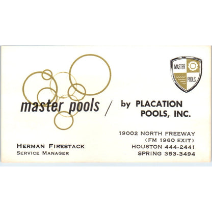Herman Firestack Master Pools Placation Pools Houston Vtg Business Card SD4-B2