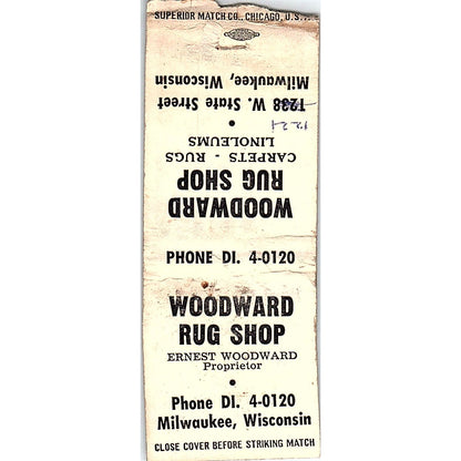 Ernest Woodward Rug Shop Milwaukee WI Vintage Matchbook Cover SC7-Y4