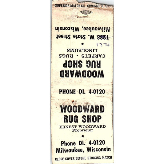 Ernest Woodward Rug Shop Milwaukee WI Vintage Matchbook Cover SC7-Y4