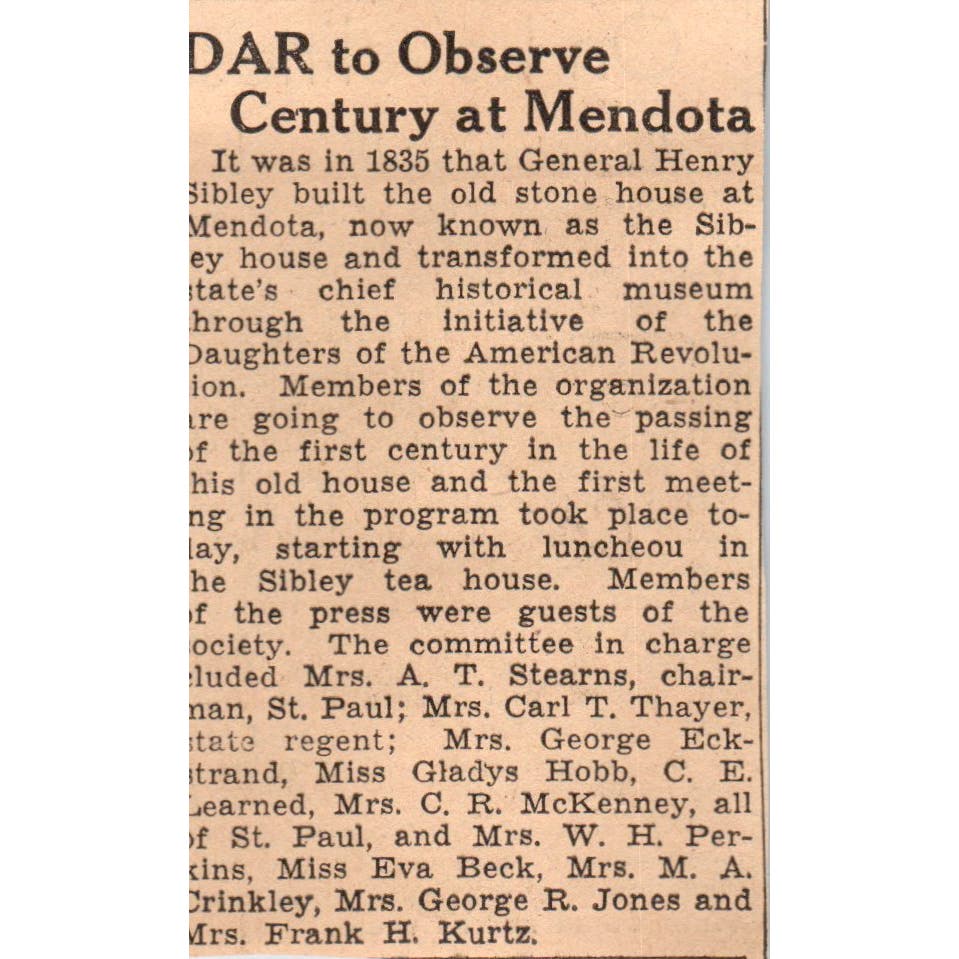 DAR to Observe Century at Mendota 1935 Minneapolis Journal Article AE7-N6