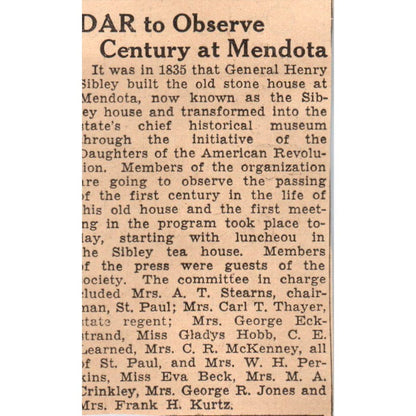 DAR to Observe Century at Mendota 1935 Minneapolis Journal Article AE7-N6