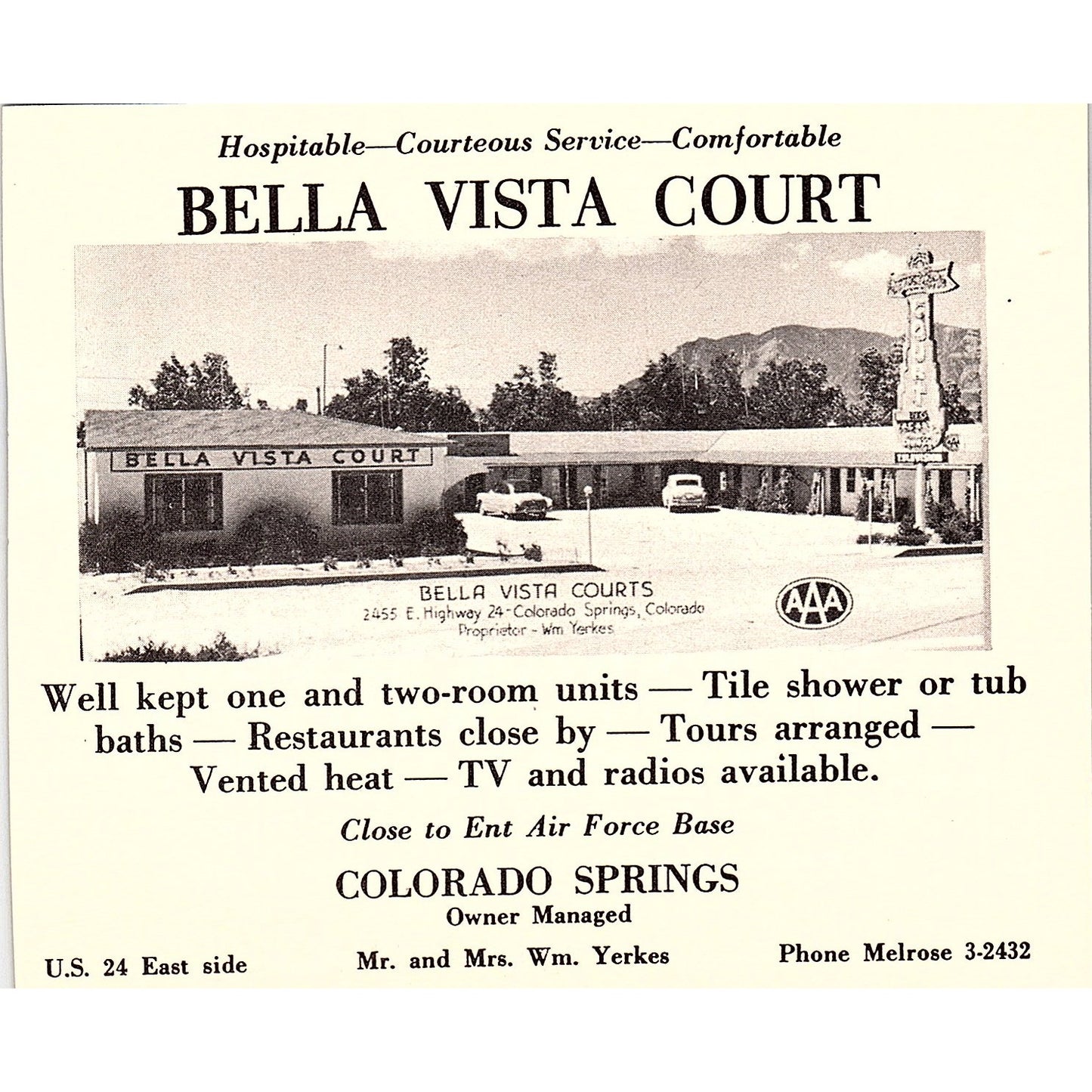 Bella Vista Court Wm Yerkes, El Manitou Lodge Colorado Springs 1958 Ad AG1-H2
