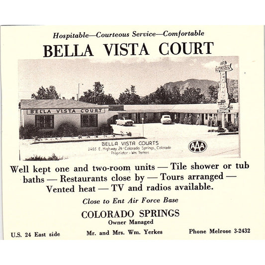 Bella Vista Court Wm Yerkes, El Manitou Lodge Colorado Springs 1958 Ad AG1-H2