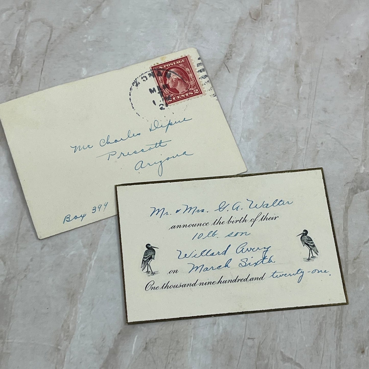 1921 Birth Announcement Willard Avery Mr & Mrs. G. A. Walter TG9-E1