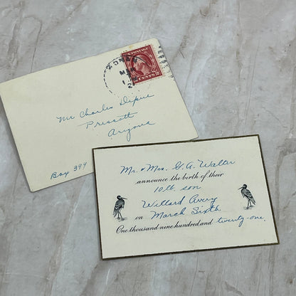 1921 Birth Announcement Willard Avery Mr & Mrs. G. A. Walter TG9-E1