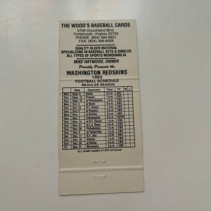 Washington Redskins NFL The Woods Baseball Cards 1993 Schedule Matchbook SC5-MB1