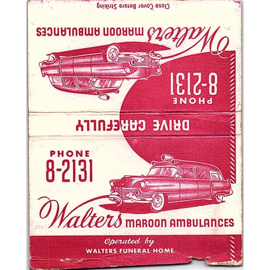 Walters Funeral Home Maroon Ambulances Vintage Large Matchbook Cover TH2-Y2