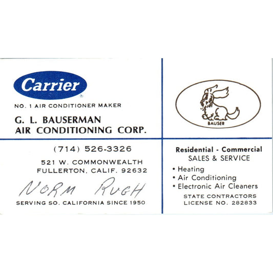 Carrier G.L. Bauserman Air Conditioning Fullerton Norm Rugh Business Card SD4-B1