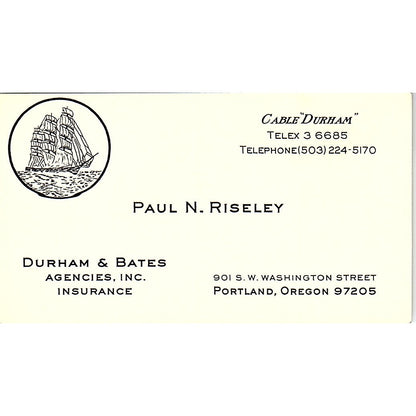 Paul N Riseley Durham & Bates Portland OR Vintage Business Card SD9-B8