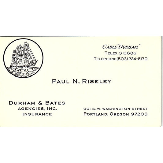 Paul N Riseley Durham & Bates Portland OR Vintage Business Card SD9-B8