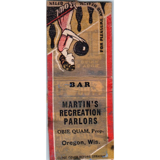 Martin's Recreation Parlors Obie Quam Oregon WI Vintage Matchbook Cover SD4-Y11