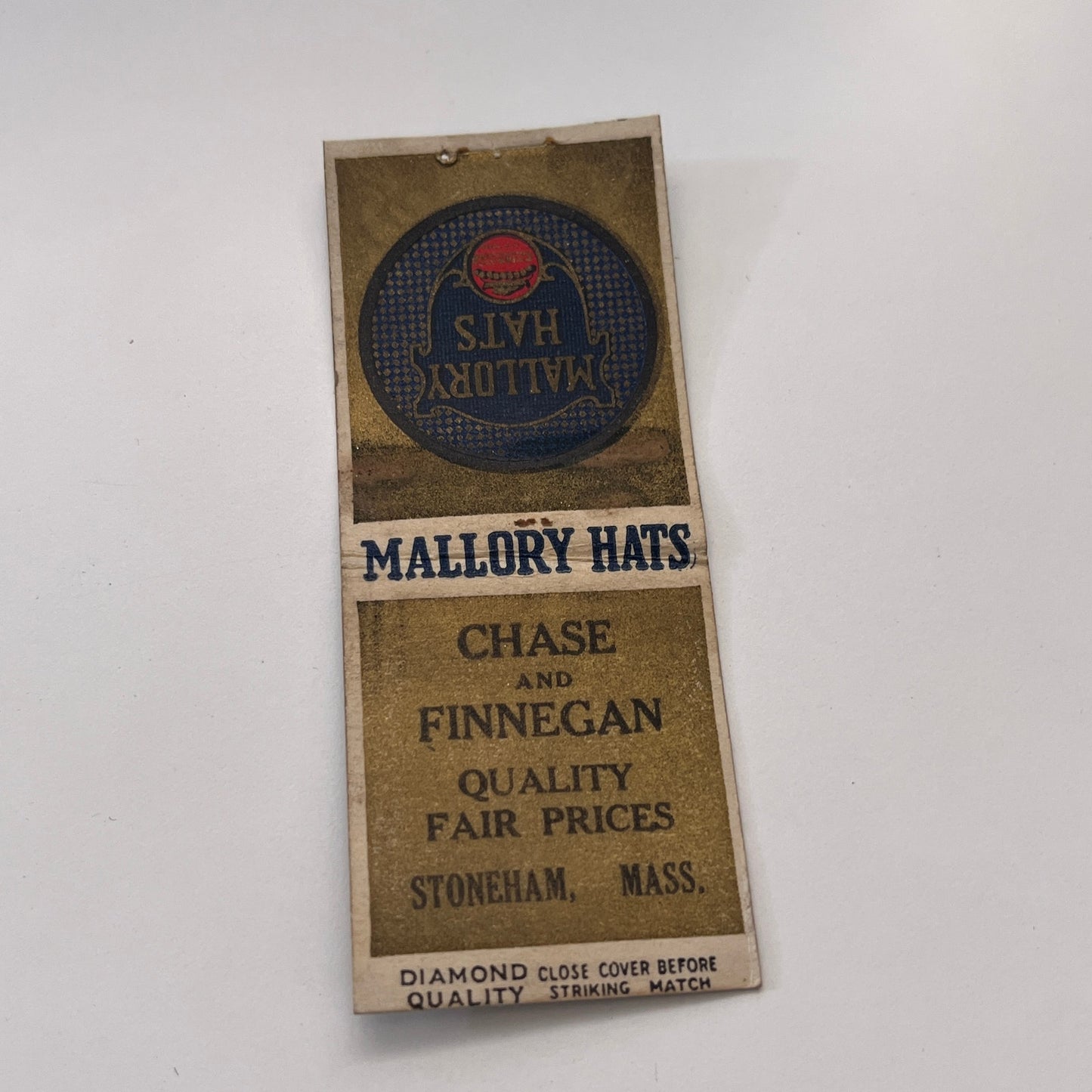 Mallory Hats Chase and Finnegan Stoneham MA Vintage Matchbook Cover TB8-MB-14