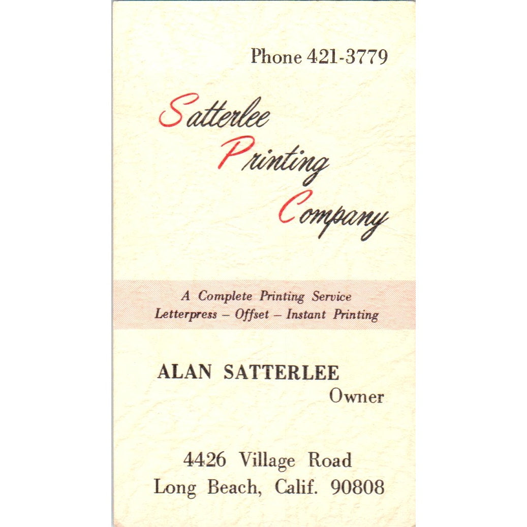 Alan Satterlee Printing Co Long Beach CA Vintage Business Card SD4-B3
