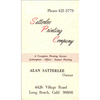 Alan Satterlee Printing Co Long Beach CA Vintage Business Card SD4-B3