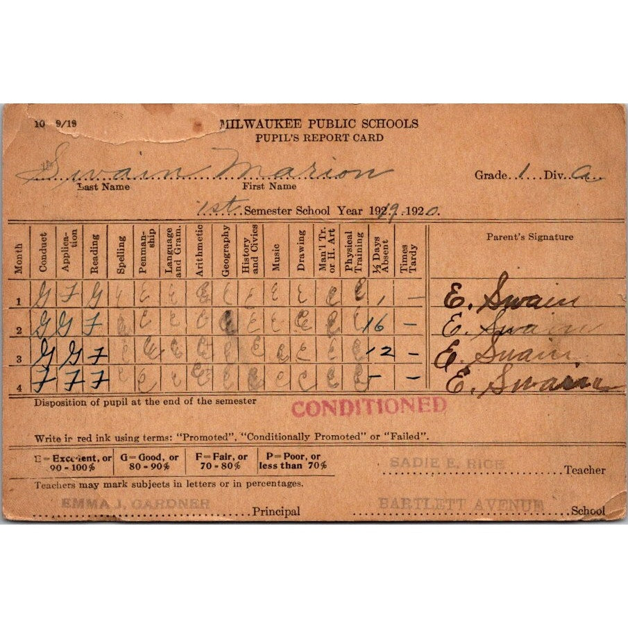 Marion Swain 1919-1920 Milwaukee 1st Grade Report Card AI9-H3