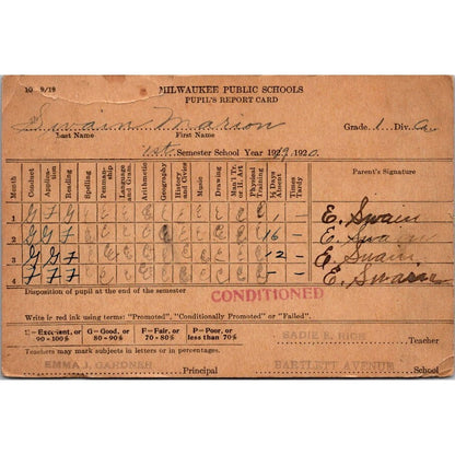 Marion Swain 1919-1920 Milwaukee 1st Grade Report Card AI9-H3