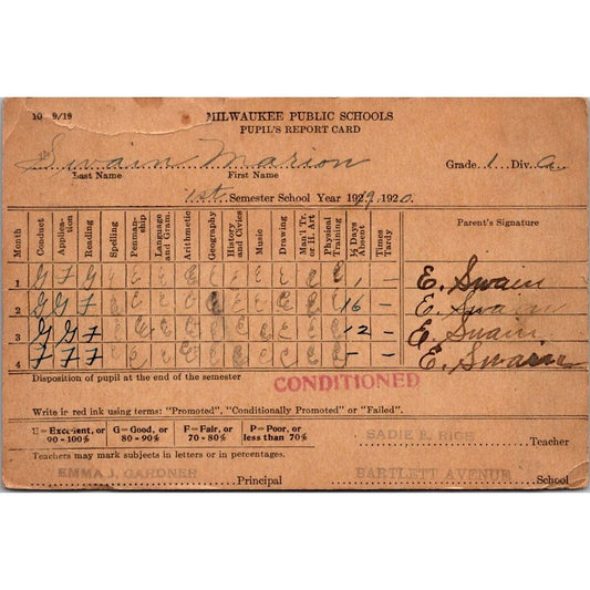Marion Swain 1919-1920 Milwaukee 1st Grade Report Card AI9-H3