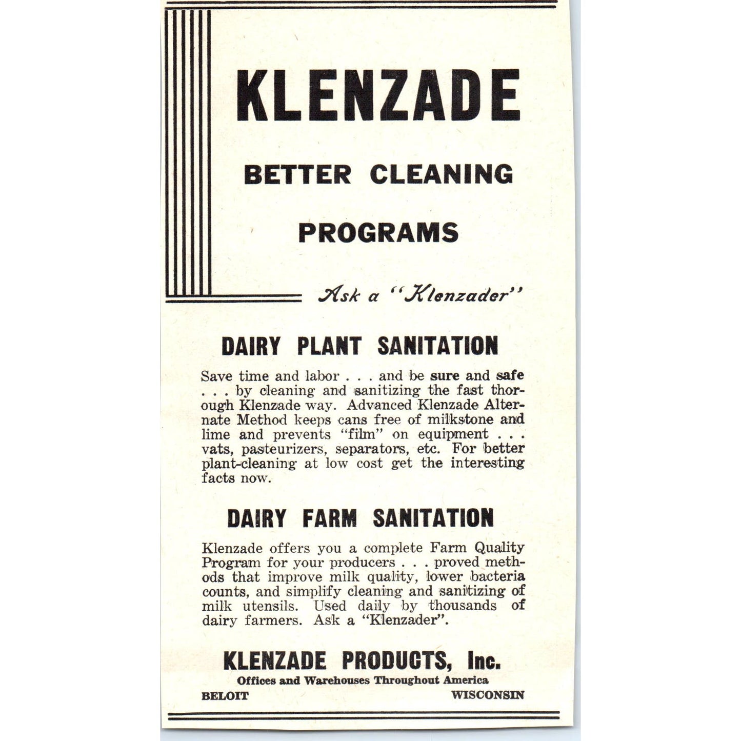 Klenzade Products Beloit WI, Milkeeper Creamery Package Mfg Co 1953 Ad AE9-DC2