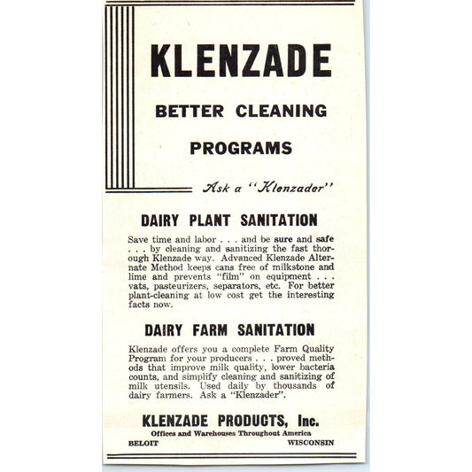 Klenzade Products Beloit WI, Milkeeper Creamery Package Mfg Co 1953 Ad AE9-DC2