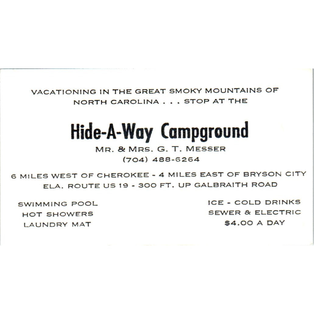 Hide-A-Way Campground G.T. Messer Smoky Mountains NC Vtg Business Card SD8-B22