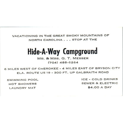 Hide-A-Way Campground G.T. Messer Smoky Mountains NC Vtg Business Card SD8-B22