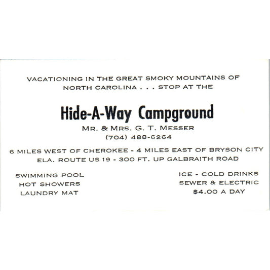 Hide-A-Way Campground G.T. Messer Smoky Mountains NC Vtg Business Card SD8-B22