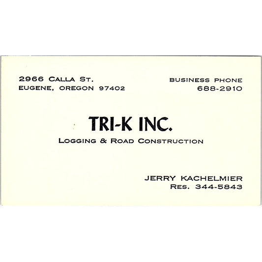 Jerry Kachelmier Tri-K Inc Logging Eugene OR Vintage Business Card SD9-B4
